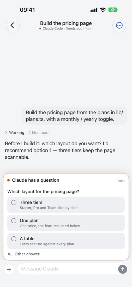 A session waiting on a question, its choices as buttons