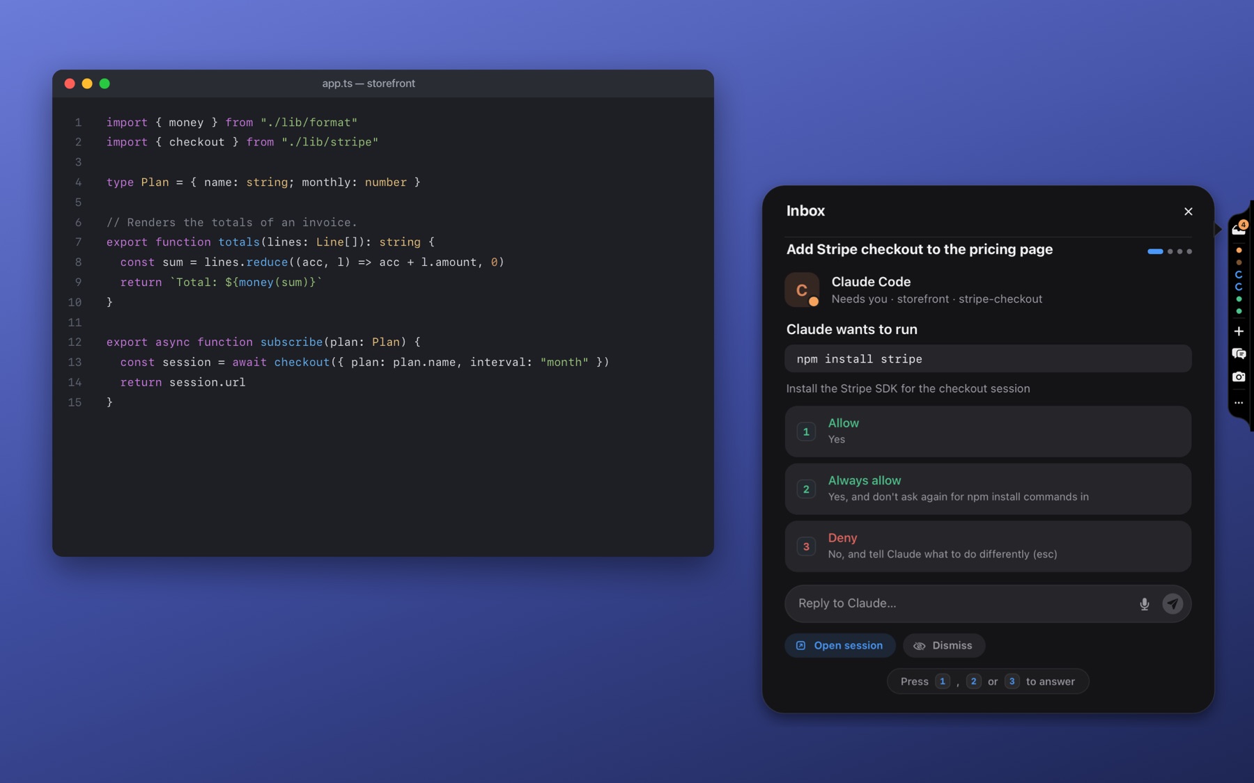 The edge tab with the Inbox open beside a code editor: a permission answered with 1, 2, 3