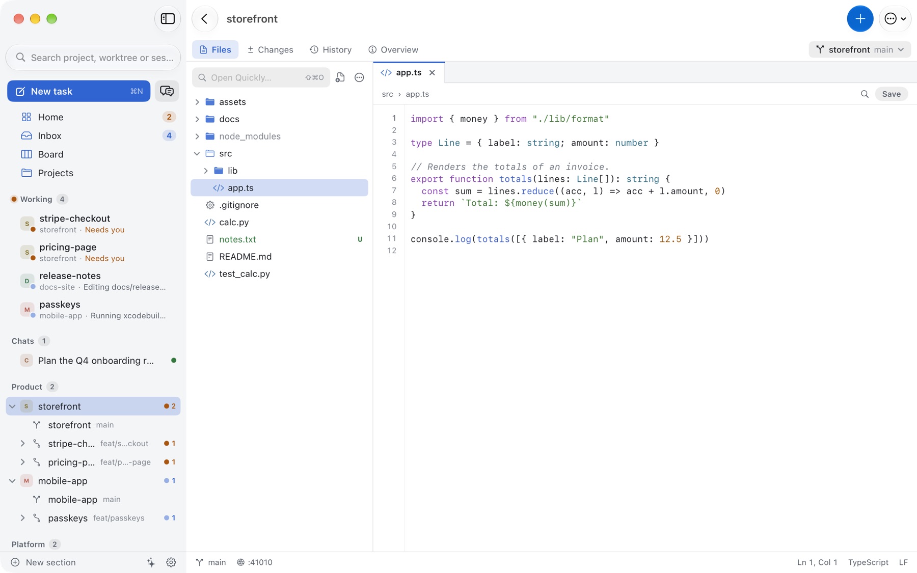 Pier on the Mac: the sidebar and a project's workspace