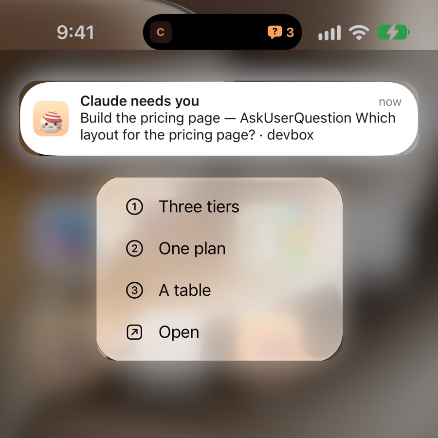 A notification with the question's three choices as buttons