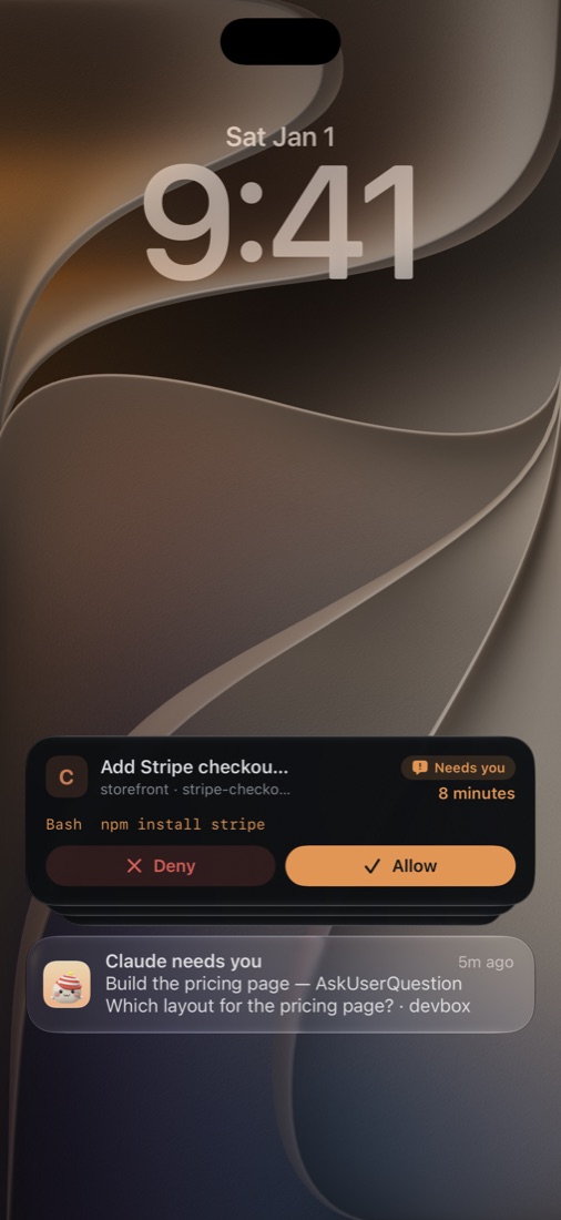 The Lock Screen: a Live Activity with Allow and Deny, and the question's notification