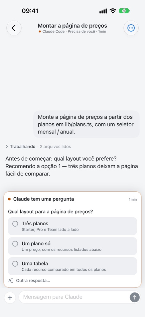 Uma sessão esperando uma resposta, com as opções como botões