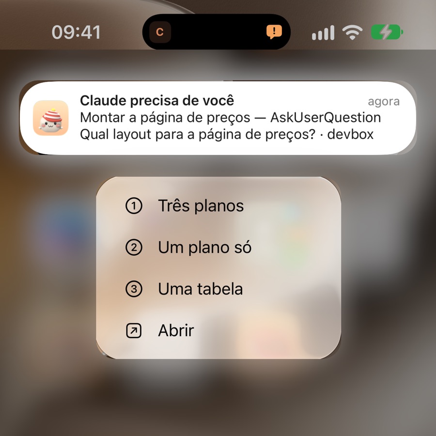 Uma notificação com as três opções da pergunta como botões
