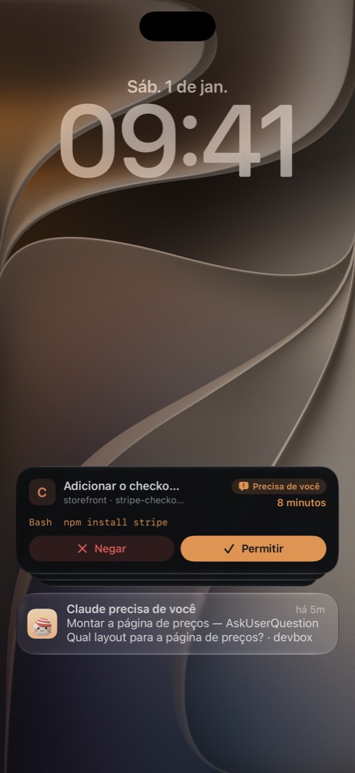 A tela bloqueada: uma Live Activity com Permitir e Negar, e a notificação da pergunta
